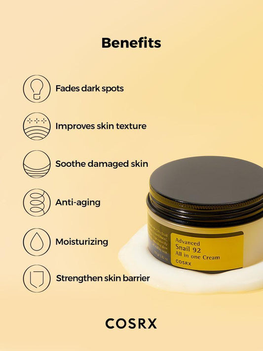 COSRX Snail 92 Cream – fades dark spots, improves skin texture, soothes damaged skin, moisturizes, and strengthens the skin barrier