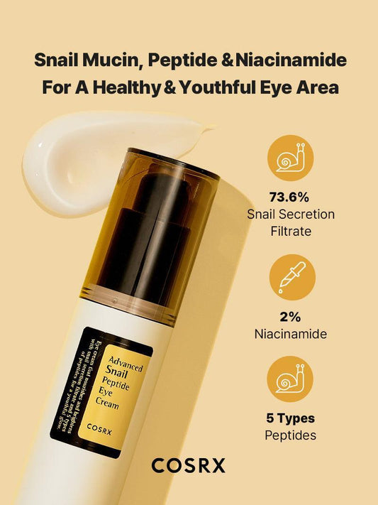 COSRX Snail Peptide Eye Cream – key ingredients snail mucin + peptides, hypoallergenic formula