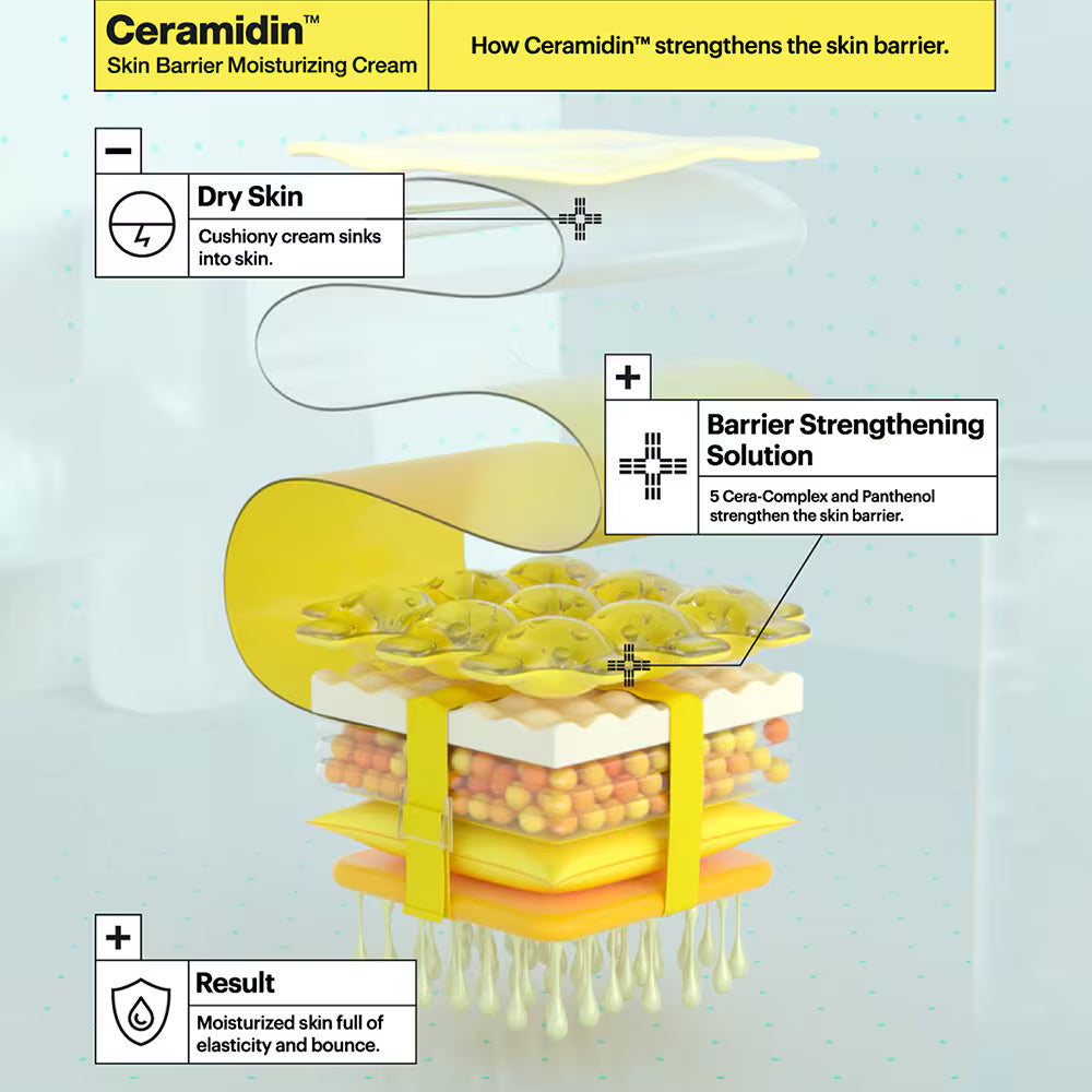 Dr. Jart+ Ceramidin Cream – diagram showing how 5-Cera Complex and Panthenol strengthen the skin barrier.