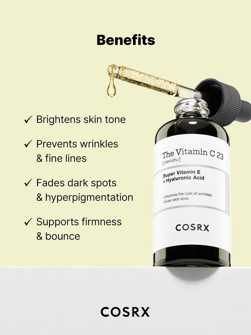 COSRX Vitamin C 23 Serum – skincare benefits infographic for dark spots and radiance