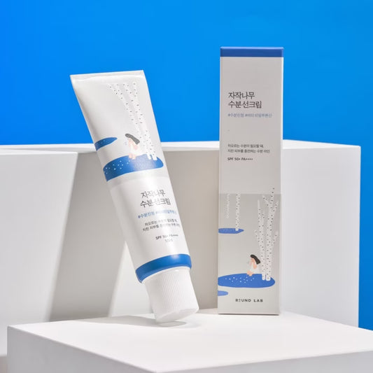 Round Lab Birch Juice Moisturizing Sunscreen – minimalist tube with hydrating SPF50+ sun cream containing Birch Sap and Hyaluronic Acid