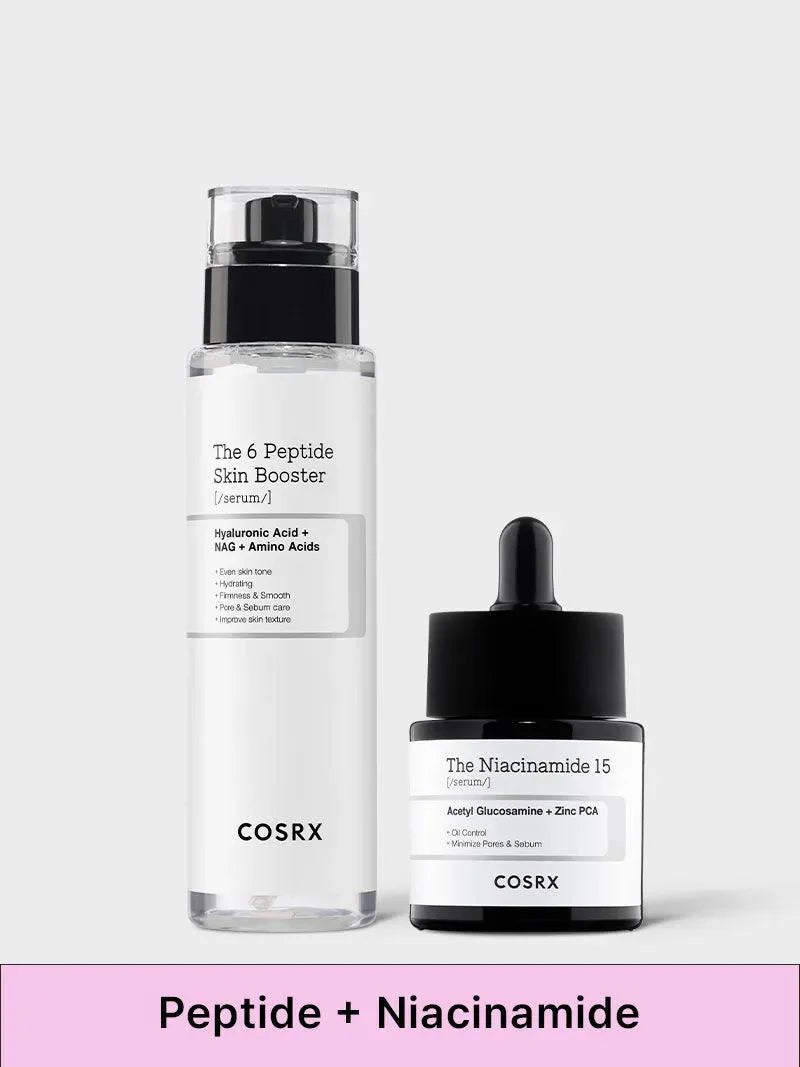 COSRX The 6 Peptide Skin Booster Serum with COSRX Niacinamide 15, product duo on white background with Peptide + Niacinamide text | K-Skin Switzerland
