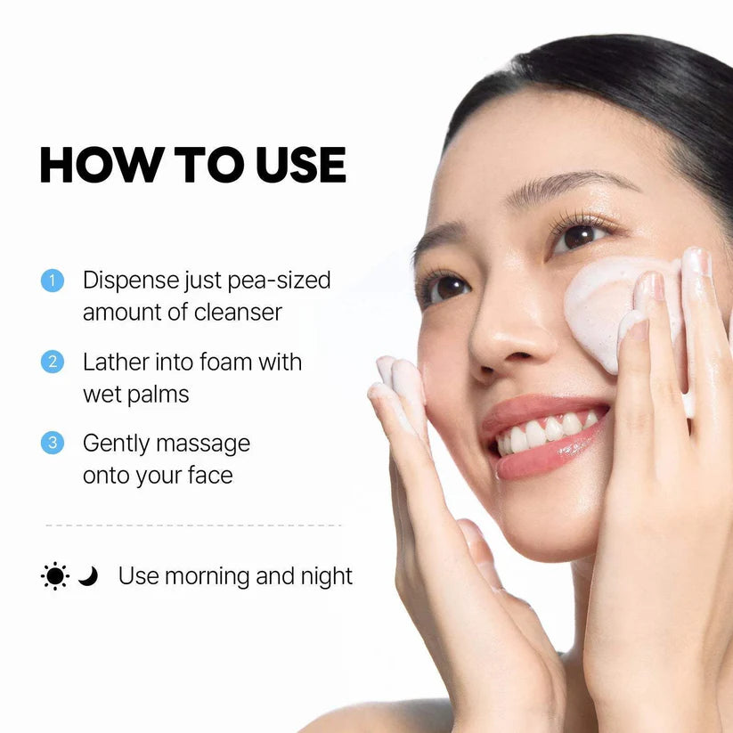 Woman washing face with Round Lab Dokdo Cleanser foam – gentle daily cleanser for sensitive skin