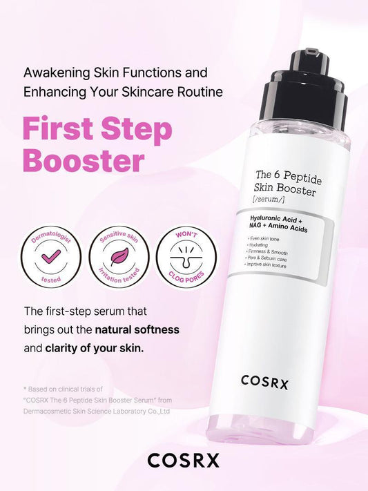 COSRX The 6 Peptide Skin Booster Serum – first step booster with peptides, product image on pink background | K-Skin Switzerland
