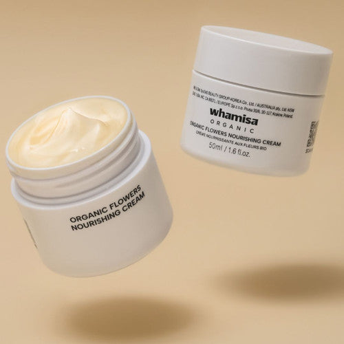 Whamisa Organic Flowers Nourishing Cream open jar – rich, velvety texture for deep hydration and nourishment