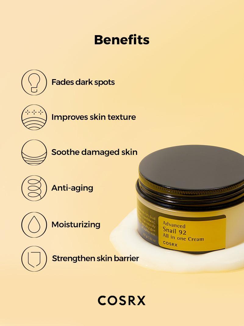 COSRX Snail 92 Cream – fades dark spots, improves skin texture, soothes damaged skin, moisturizes, and strengthens the skin barrier