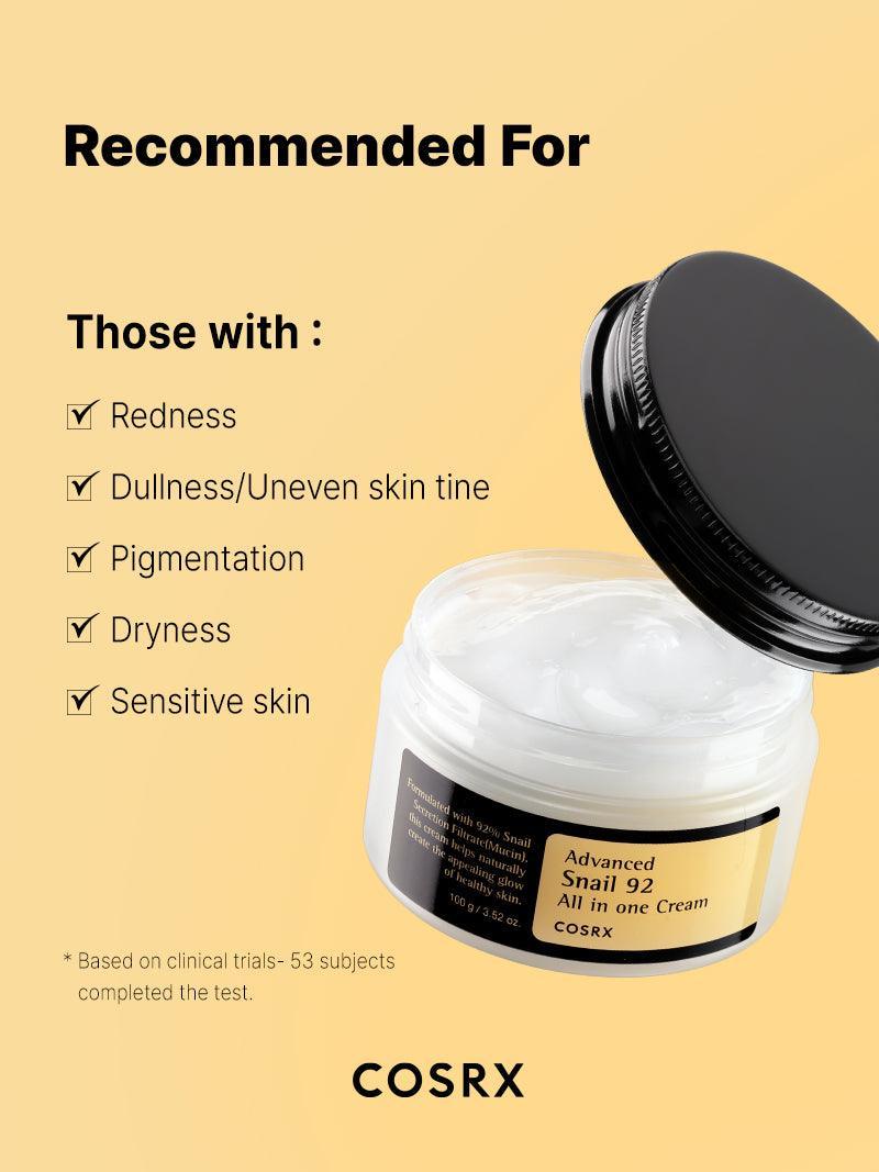 COSRX Advanced Snail 92 All In One Cream – recommended for redness, dullness, pigmentation, dryness, and sensitive skin