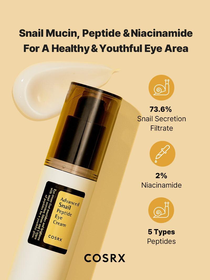 COSRX Snail Peptide Eye Cream – key ingredients snail mucin + peptides, hypoallergenic formula